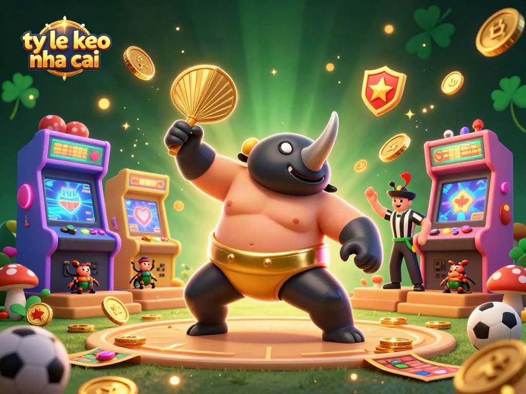 Bet on ty le keo nha cai with a dynamic 3D scene featuring a beetle sumo champion and casino elements.