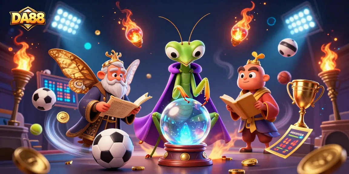 Experience DA88's winning strategies with a mystical fortune teller and sports elements in this vibrant scene.