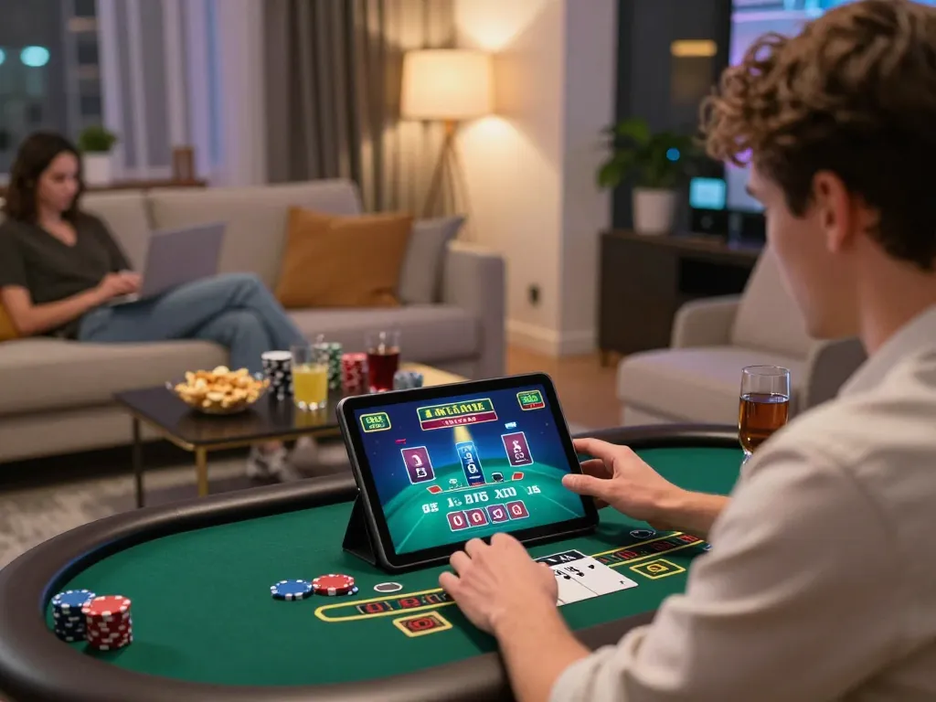 Player enjoying LLWIN blackjack game on tablet in a cozy living room