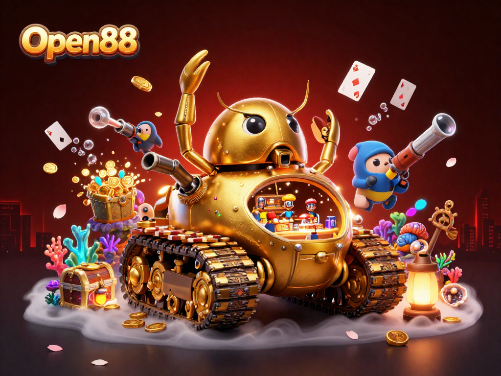 Experience the excitement of Open88 with a dynamic illustration of a golden beetle tank revealing a miniature casino.
