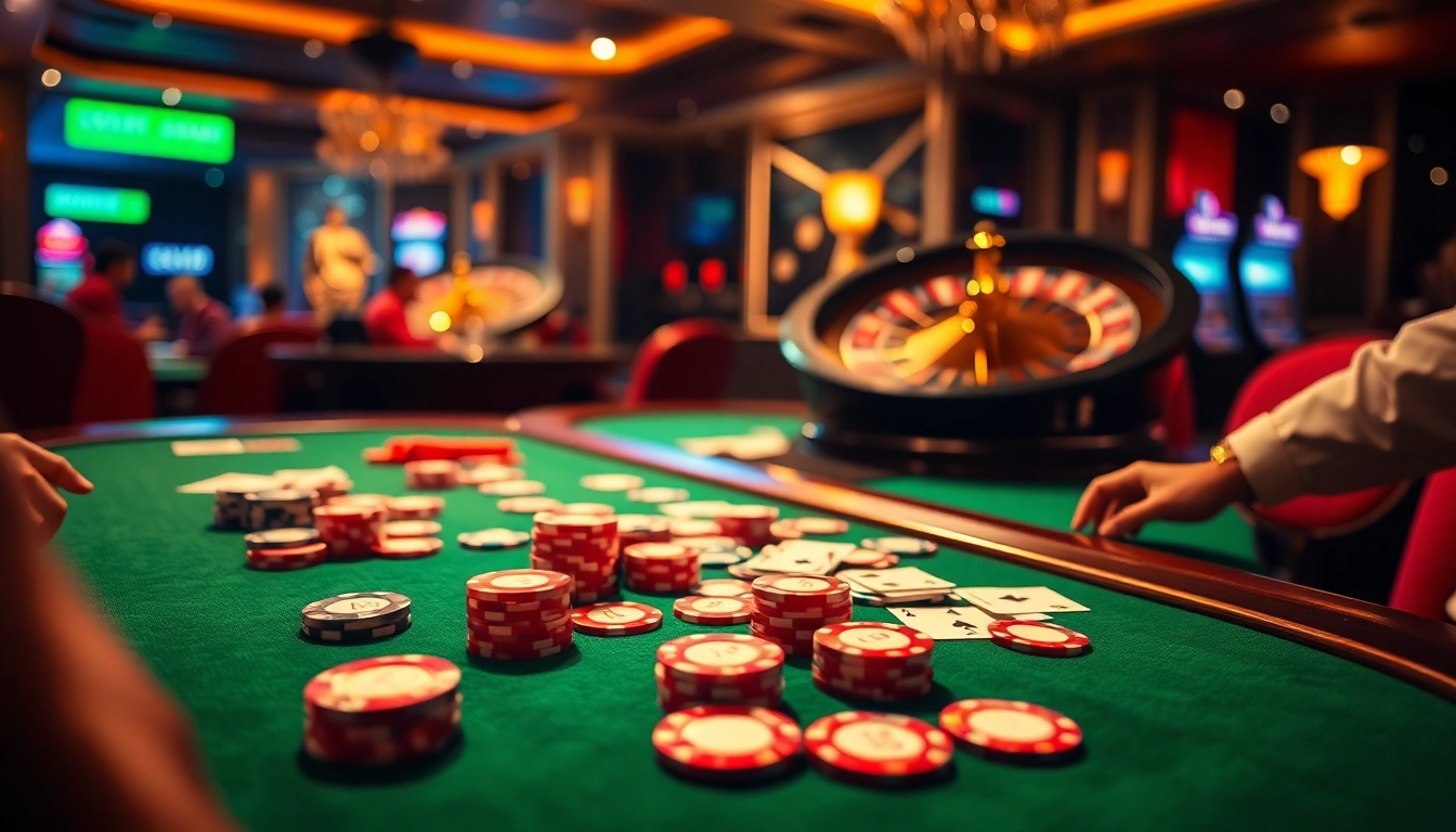 Exciting poker game action at a vibrant go88 casino table surrounded by colorful chips and cards.