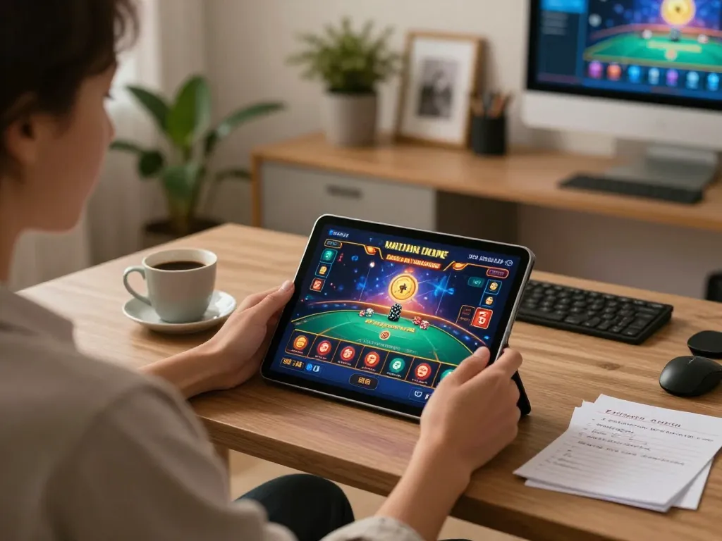 Player enjoying online casino games on a tablet with phpvip interface, surrounded by strategy notes.