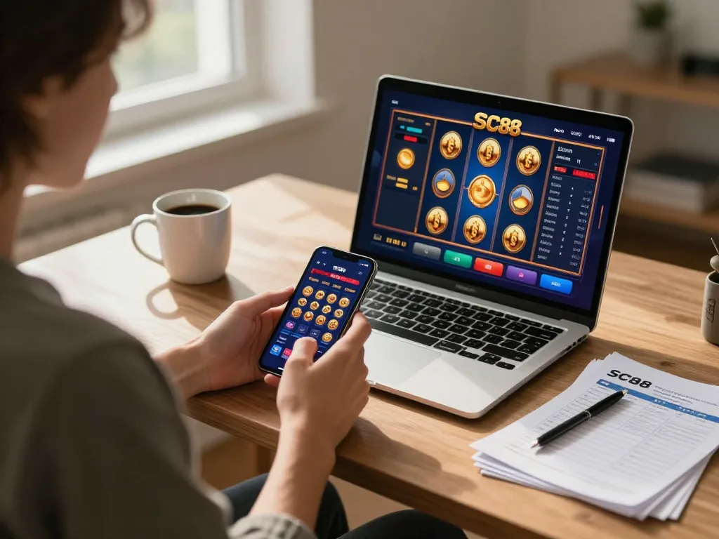 Playing the SC88 To casino app on smartphone while enjoying a cozy home gaming setup