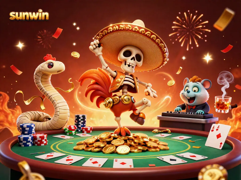 Experience the excitement of sunwin with vibrant characters celebrating amidst casino elements.