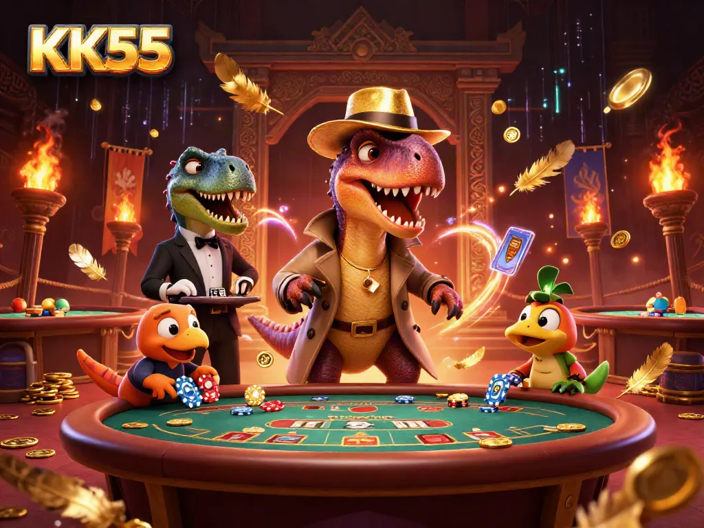 Experience the excitement of KK55 as a velociraptor card counter sneaks chips while a stegosaurus pit boss watches.