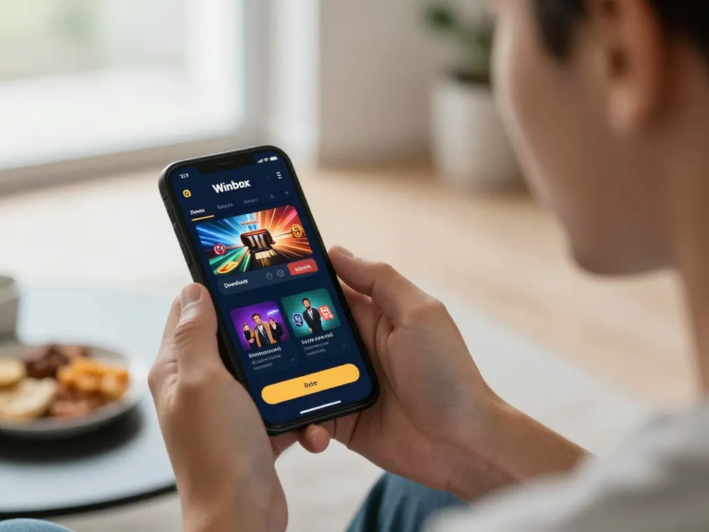 Winbox download interface on smartphone, showing online casino games in a cozy home setting