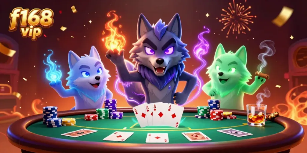 Engage in the thrilling world of f168 vip with a vibrant casino scene featuring animated wolves and poker elements.