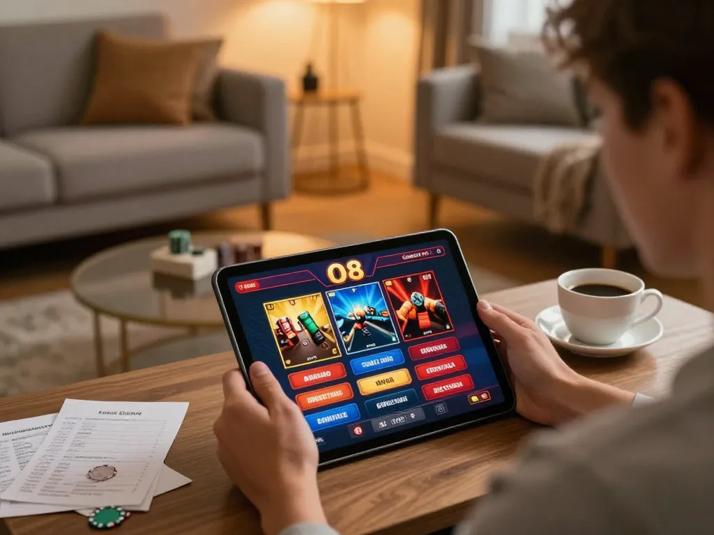 Player engaged with the O8 Casino app on a tablet, showcasing strategic gameplay in a cozy setting.