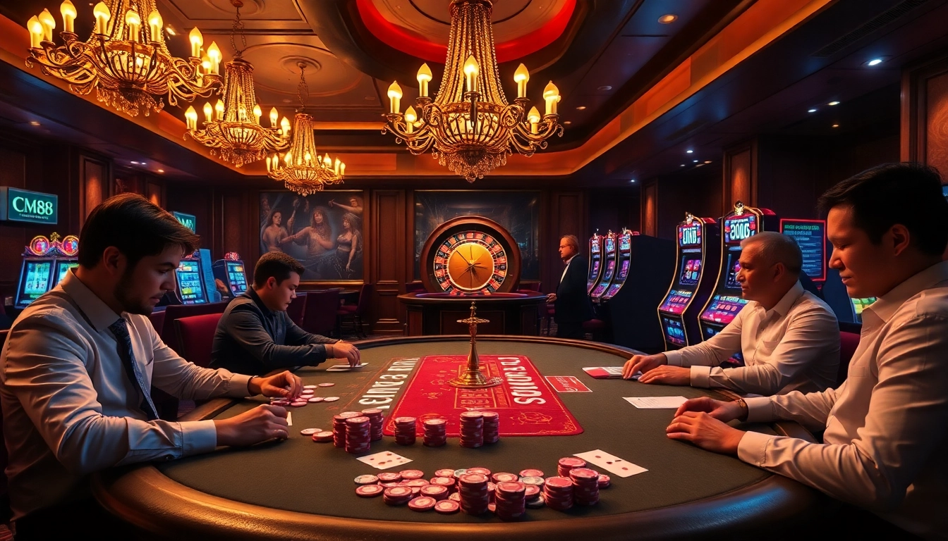 CM88 players engaging in high-stakes poker at an elegant casino table.