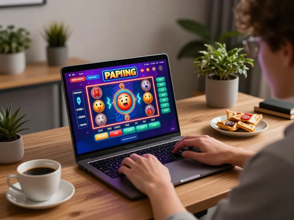 Playing pokies Australia online at home, engaging in responsible gaming with a colorful interface.