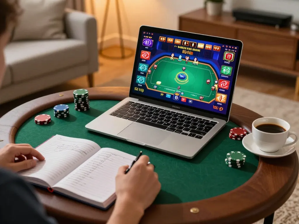 Engaging in an exciting poker game at rik vip online casino from a cozy home setting.