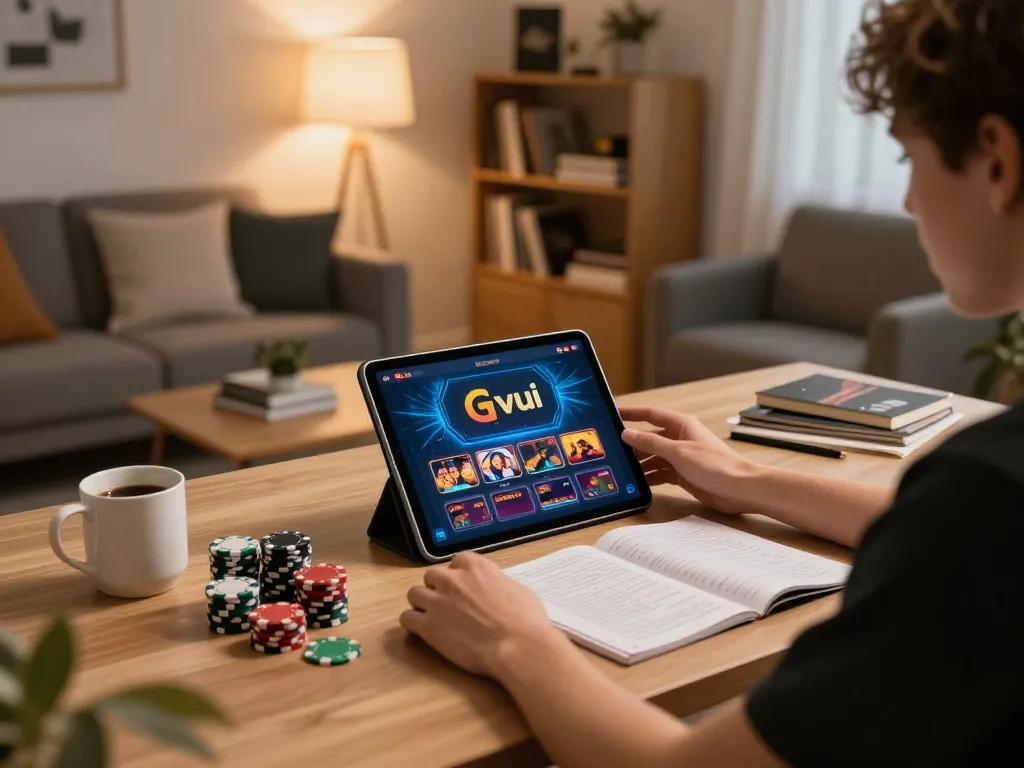 Engaging gaming session with Nhà cái Gvui casino app on tablet, showcasing responsible online gambling.