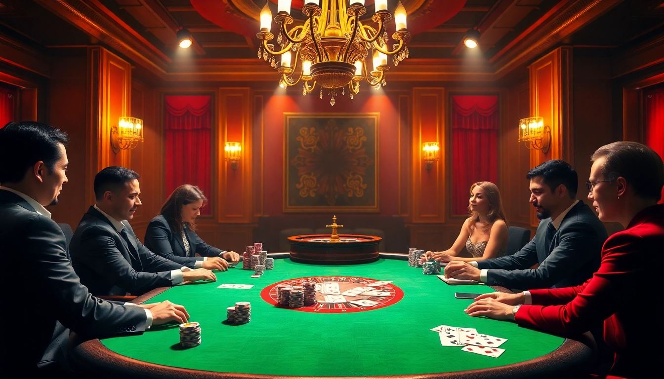Exciting scene on trang chủ thabet showcasing players in a high-stakes poker game at a luxurious casino.