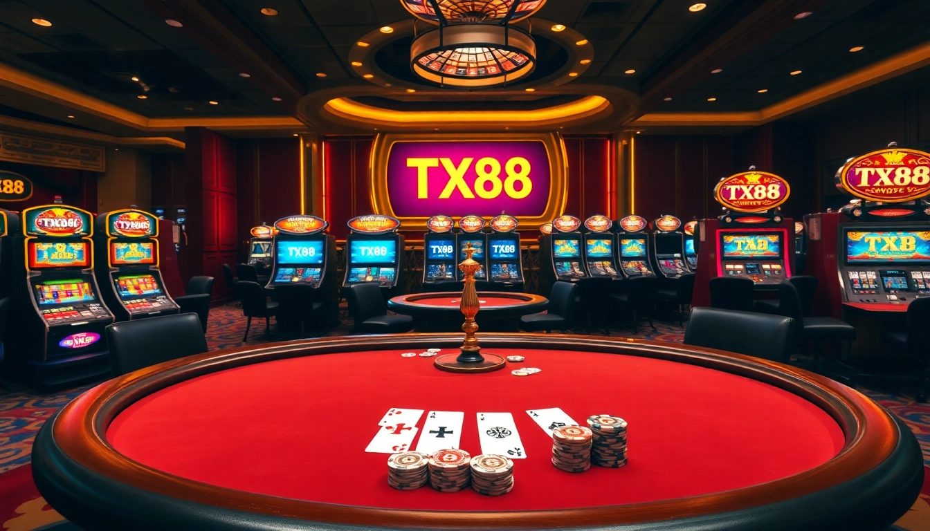 Engaging scene showcasing TX88 gaming excitement with vibrant tables, slot machines, and luxury ambiance.