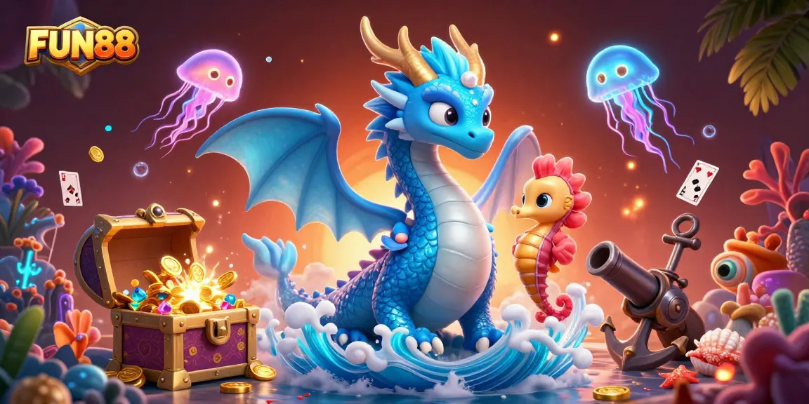 Experience the underwater adventure of FUN88 with vibrant illustrations featuring a dragon, seahorse knight, and treasures.