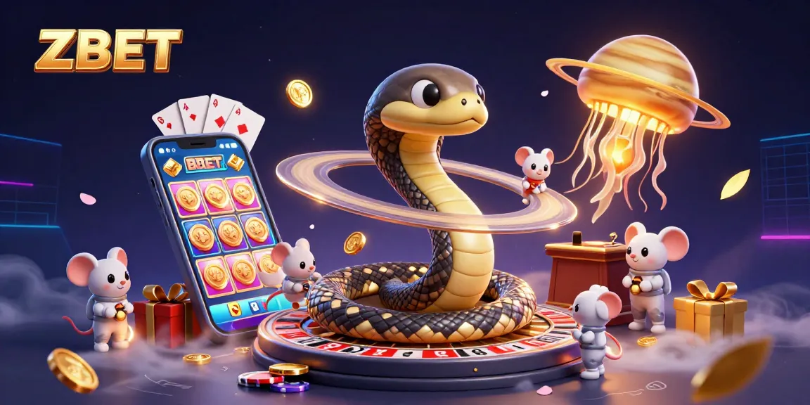 ZBET engages players with colorful slots, roulette, and poker chips in a vibrant cosmic casino.