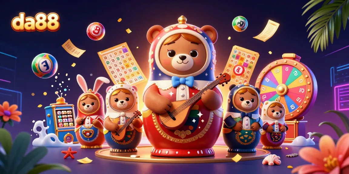 Engage in fun at da88 with a vibrant casino-themed illustration showcasing colorful games and lively characters.