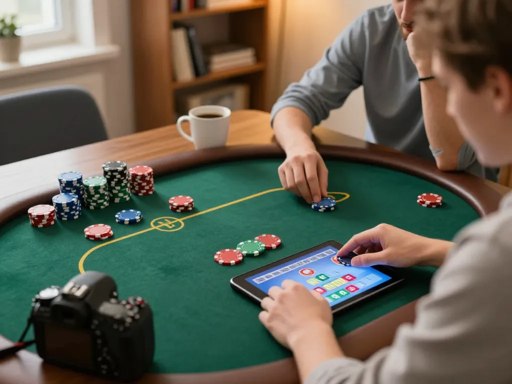 Playing online poker on a tablet at home, focusing on strategic decisions with rikvip