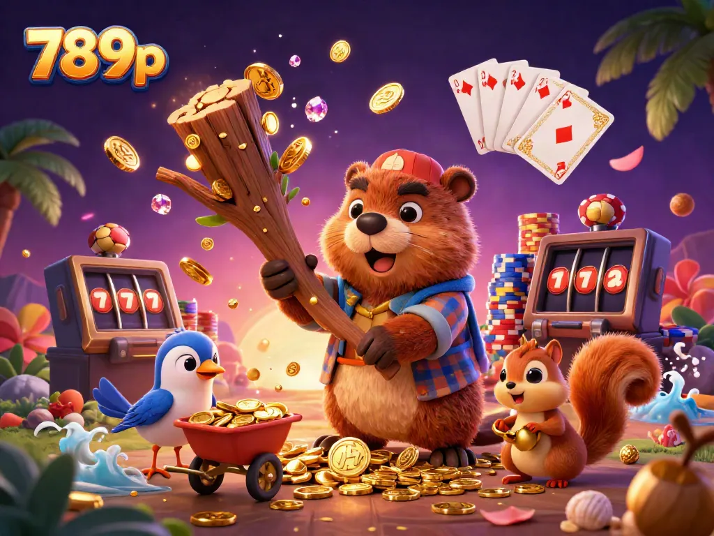 Experience dynamic online gaming with 789p as beaver collects golden coins in a vibrant casino illustration.