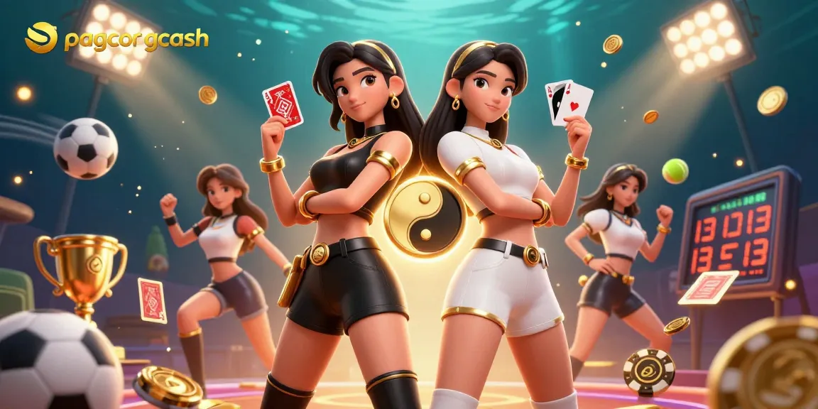Join the excitement of pagcor gcash with stunning twin women holding playing cards amidst dynamic casino elements.