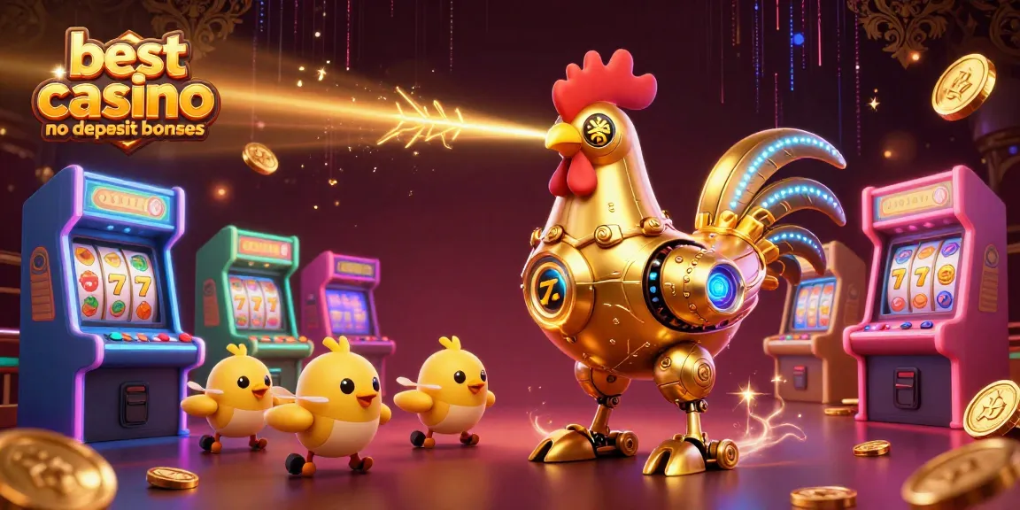 Engage with the best casino no deposit bonuses as golden robot shoots laser beams, revealing vibrant gaming elements.