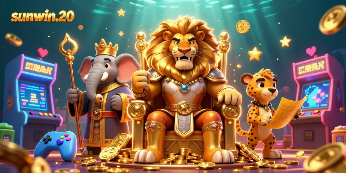 Engage with sunwin.20 in a vibrant 3D casino world featuring a lion king and gaming elements.
