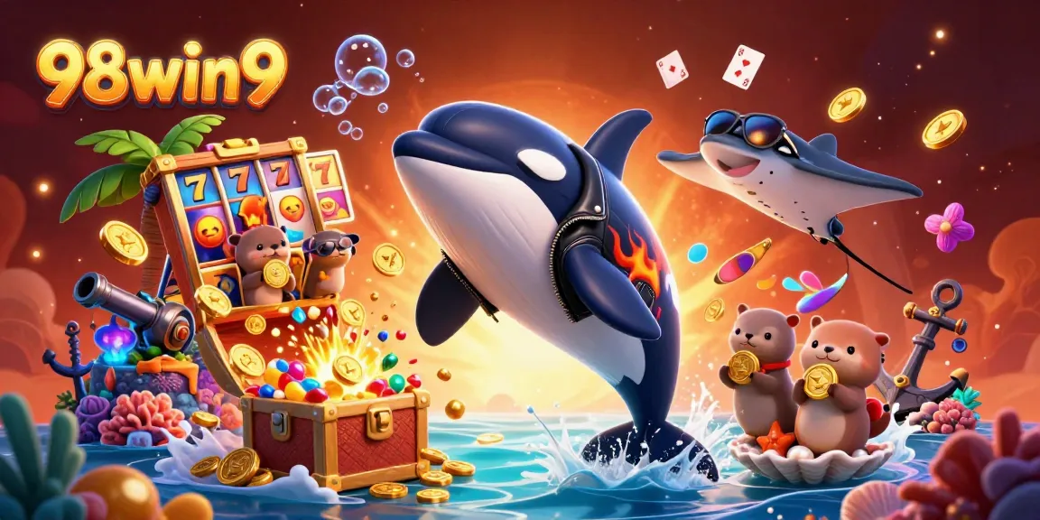 Experience thrilling slots at 98win9 with animated orca whale and sea otters celebrating big wins!