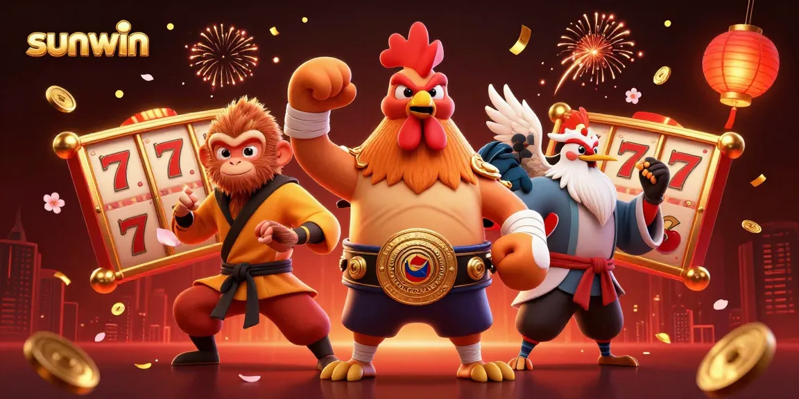 Experience the thrill of winning at sunwin with a colorful 3D casino scene featuring vibrant characters and slot reels.