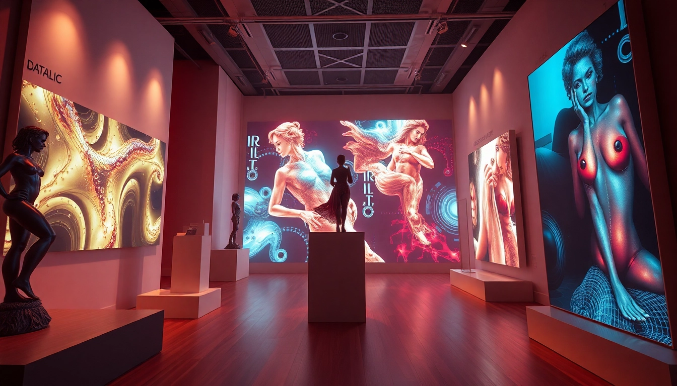 AI porn showcased in a futuristic digital gallery with interactive installations.