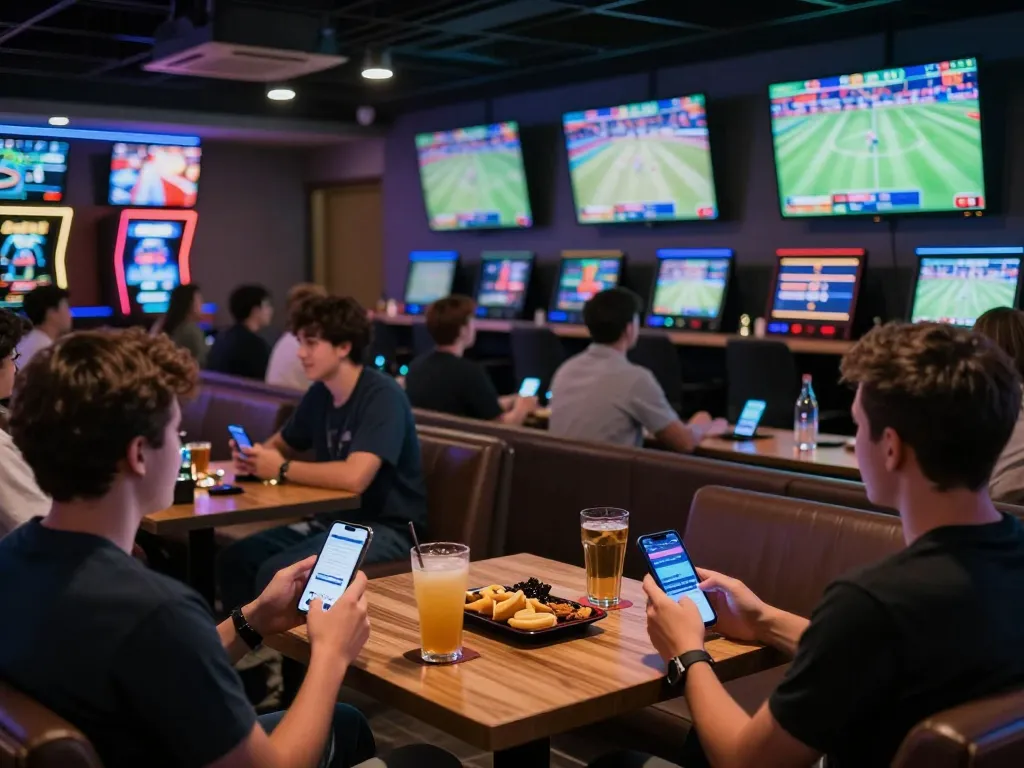 Fans engaging with the KP88 app during live sports betting, capturing excitement and strategy in the lounge