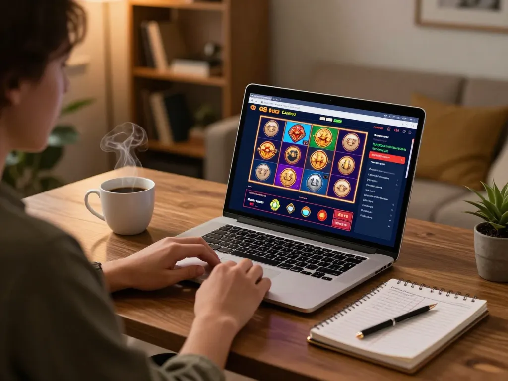 Engaging gaming experience at O8 Casino with laptop showing slot games and player strategies.
