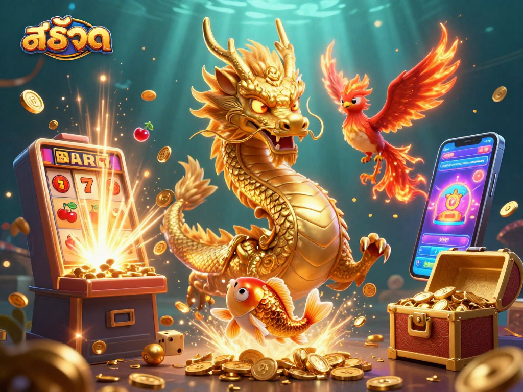 Experience thrilling สล็อต action with a golden dragon, phoenix, and koi fish amidst a jackpot explosion.