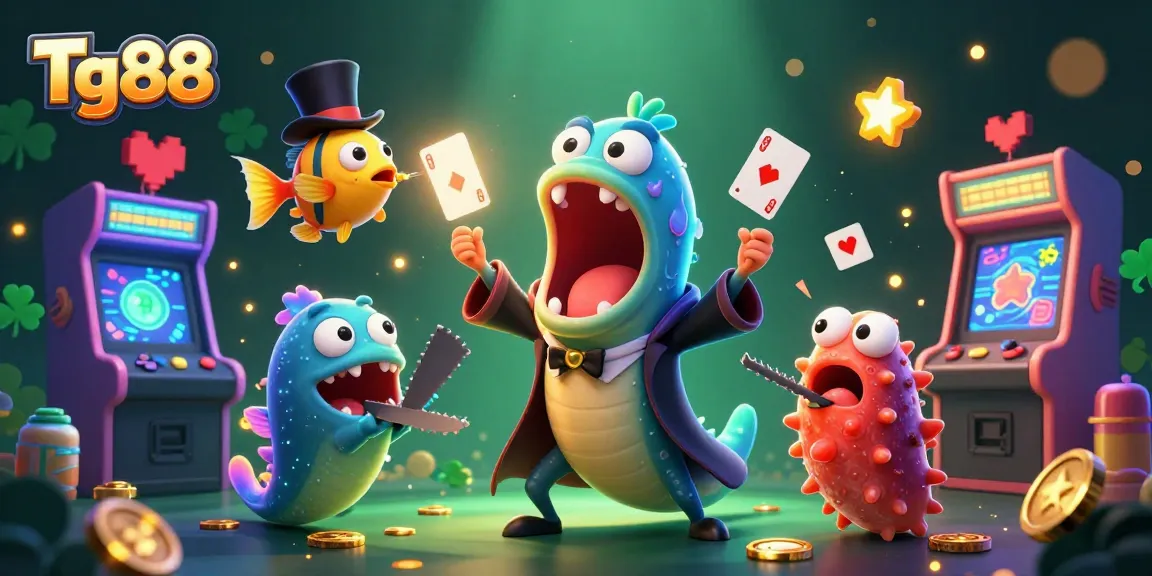 Tg88 showcases a vibrant casino scene with a bioluminescent eel performing card tricks in a magical underwater theme.