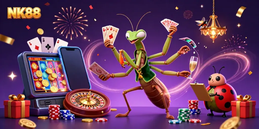 Engage in thrilling moments of gaming at NK88 with vibrant scenes of card dealing and excitement.