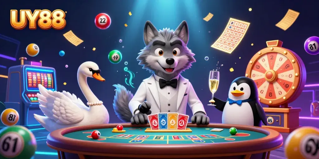 Experience the thrill of UY88 with vibrant casino elements and charming characters.