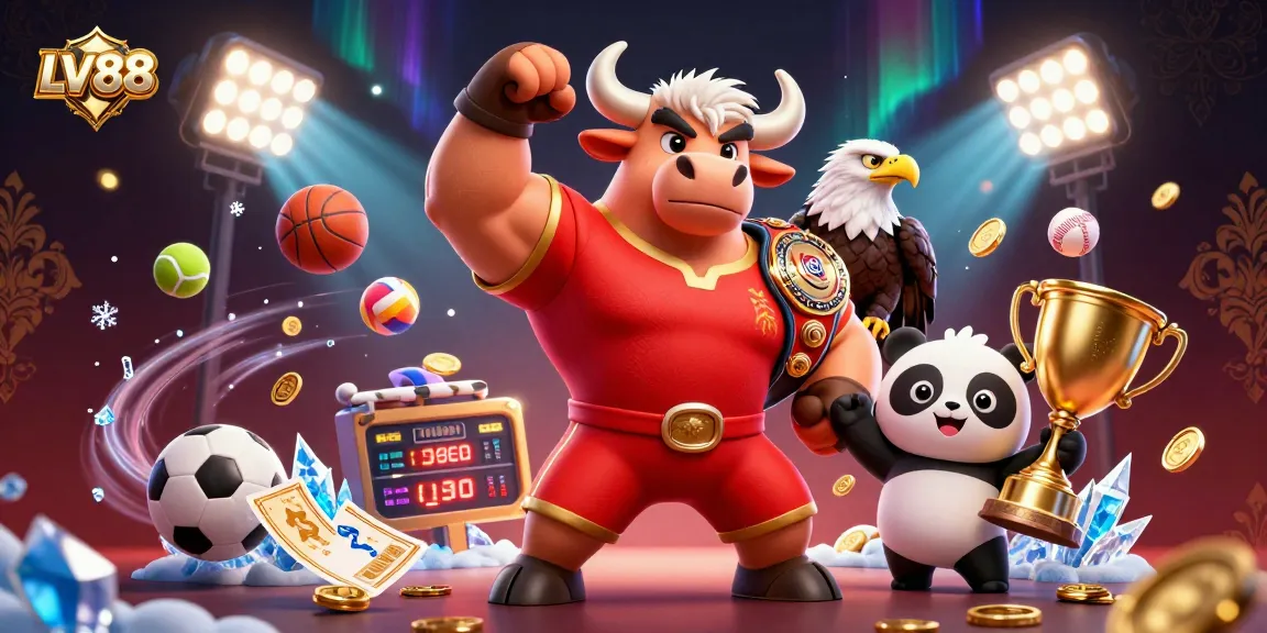 Celebrate winnings with the LV88 bull mascot in a vibrant dynamic casino illustration.