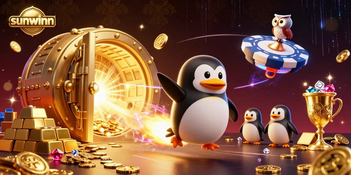 Experience excitement with sunwinn's golden penguin racing to a casino space station, surrounded by treasure and gems.
