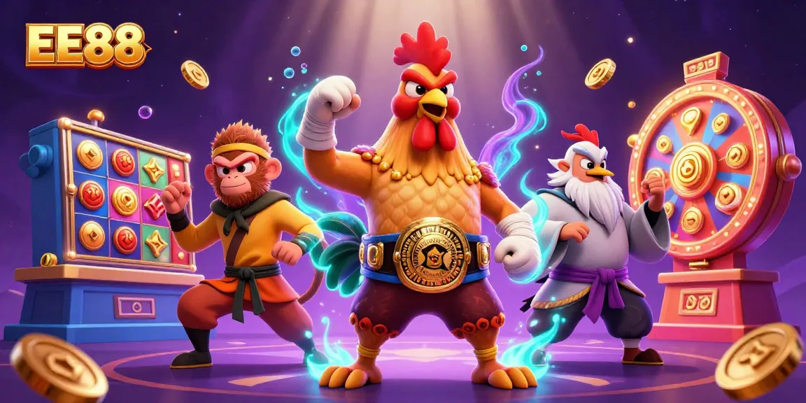 Experience thrilling gameplay at EE88 with vibrant slot reels, dynamic characters, and casino excitement.