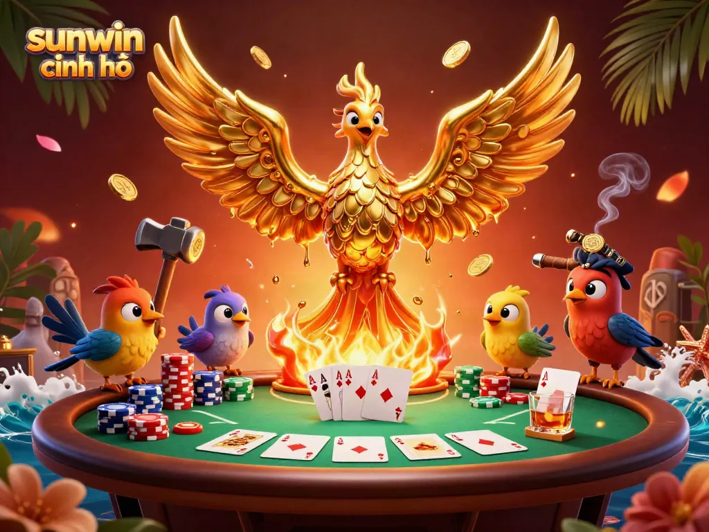 Experience the thrill of sunwin chính chủ with a dazzling 3D golden phoenix emerging from molten gold, surrounded by dynamic casino elements.