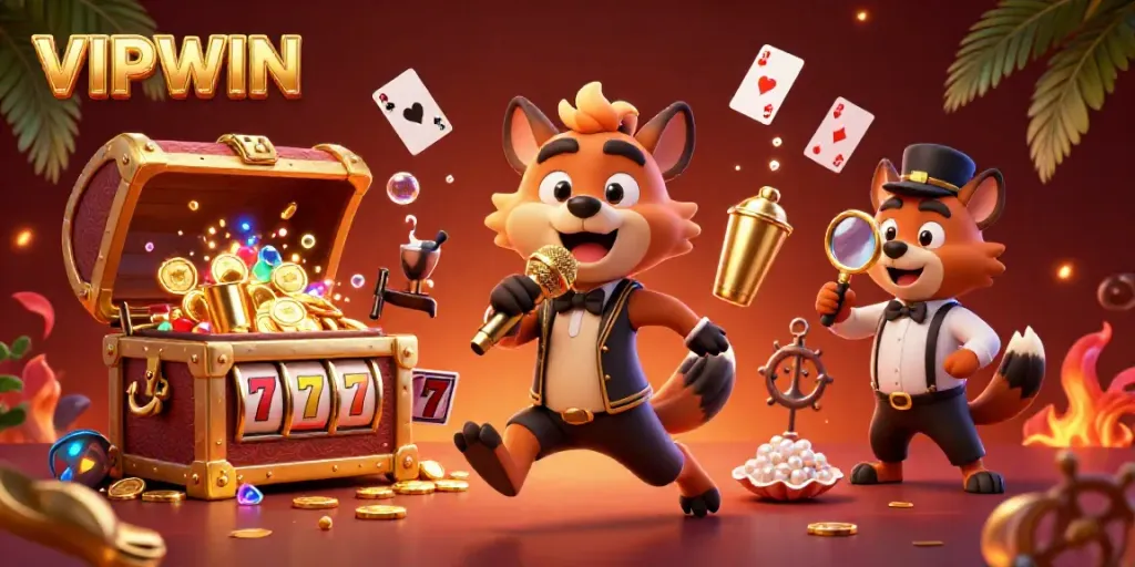 Experience the excitement of VIPWIN's casino with lively hyenas engaging in comedy, bartending, and security amidst vibrant gaming elements.