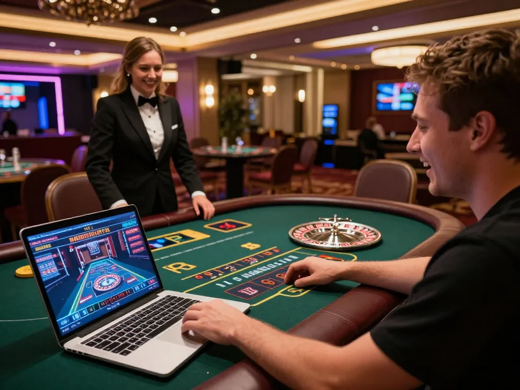 Player enjoying live dealer roulette on mm88 gaming platform with laptop in cozy setting.