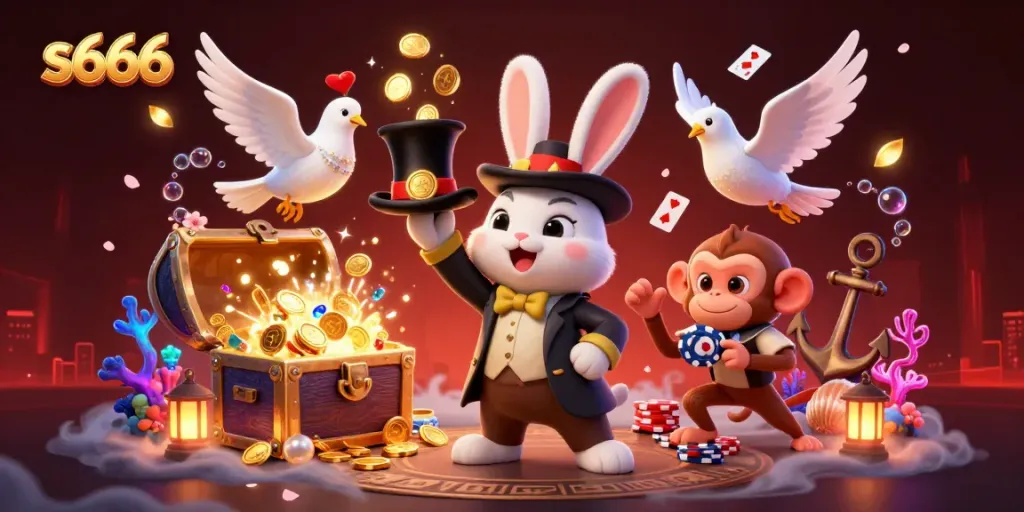 Experience the thrill of s666 with a lively 3D illustration featuring a magician rabbit and casino games.