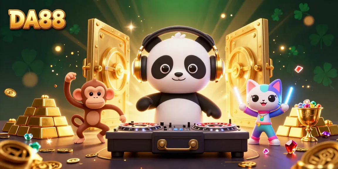 Experience the excitement of DA88 with a vibrant 3D illustration of a DJ panda spinning roulette wheels while treasures rain down.