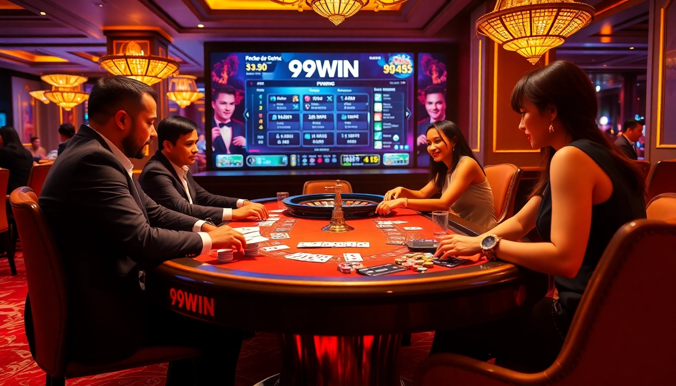 Exciting 99WIN casino scene with poker players at a luxurious table, reflecting a high-stakes atmosphere.