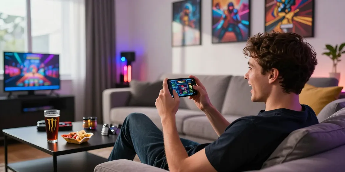 Excited player enjoying a live game on 68gamebai in a stylish living room with vibrant decor.