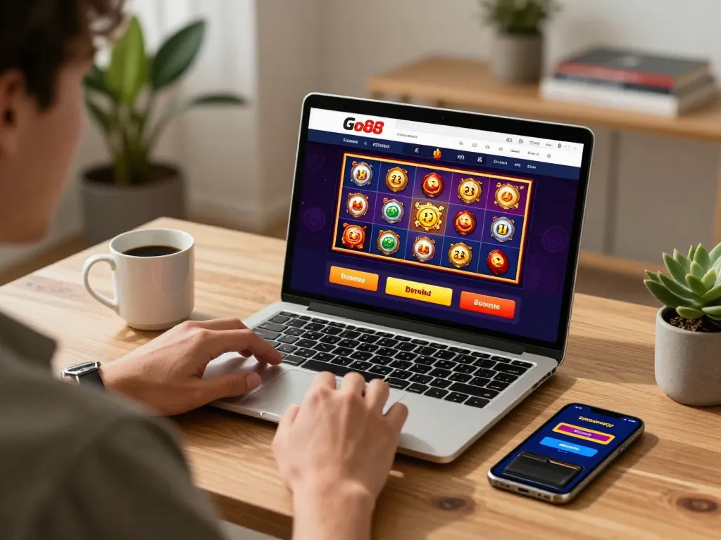 Player engaging with Go88's online casino interface at home, analyzing bonuses.