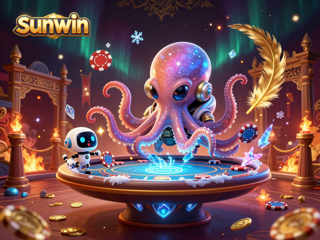 Experience thrilling poker action with the sunwin alien octopus and buzzing robot at a holographic table.