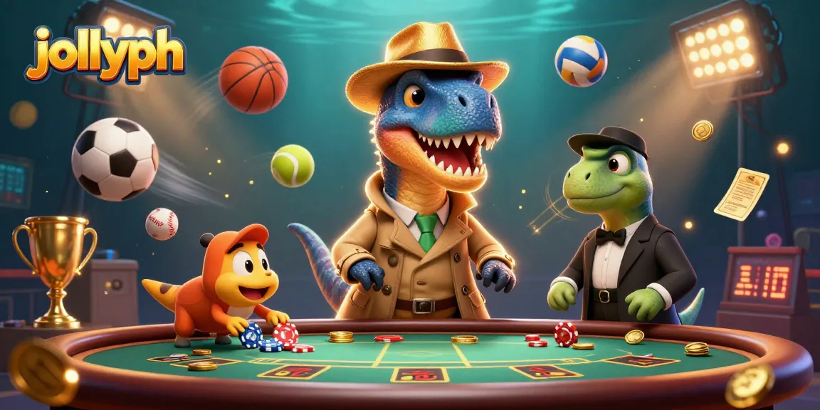 Engage in vibrant sports betting at jollyph with a cartoon velociraptor, stegosaurus, and thrilling game elements.
