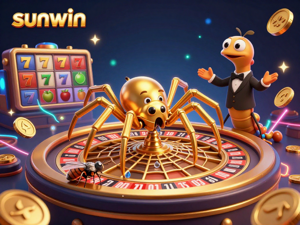 Spin the reels with sunwin in this vibrant 3D golden spider illustration featuring a roulette wheel.