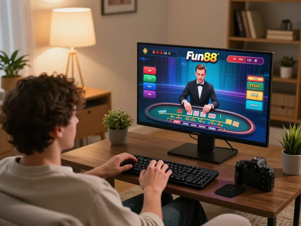 Engaging in Fun88 mobile casino gameplay from a cozy home setting with warm lighting